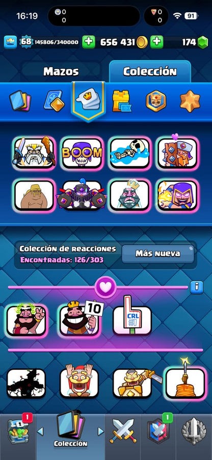 532 CLASH! GRIAL! 10,436 COPAS! 4 CARTAS AL 16 MAX! 30 CARTAS AL 15! 65 CARTAS AL 14! 2 HÉROES! 22 CARTAS EVOLUTIVAS! 126 EMOTES MUY EXCLUSIVOS Y MUY PEDIDOS! 13 TORRES! INSIGNIA OG DE 8 AÑOS! 600K MONEDAS! (3499mx @everyone