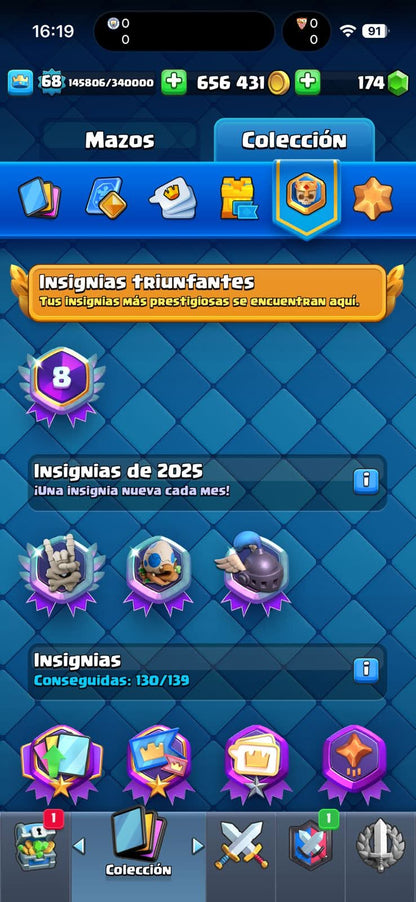 532 CLASH! GRIAL! 10,436 COPAS! 4 CARTAS AL 16 MAX! 30 CARTAS AL 15! 65 CARTAS AL 14! 2 HÉROES! 22 CARTAS EVOLUTIVAS! 126 EMOTES MUY EXCLUSIVOS Y MUY PEDIDOS! 13 TORRES! INSIGNIA OG DE 8 AÑOS! 600K MONEDAS! (3499mx @everyone