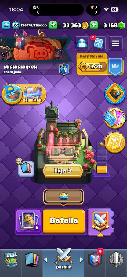 533 CLASH! MINI GRIAL! 11,763 COPAS! LIGA 3 COMPETITIVA! 5 CARTAS AL 16 MAX! 18 CARTAS AL 15! 33 CARTAS AL 14! 1 HÉROE! 22 CARTAS EVOLUTIVAS! 121 EMOTES MUY BUENOS! 9 TORRES! INSIGNIA DE 6 AÑOS! (1899mx @everyone