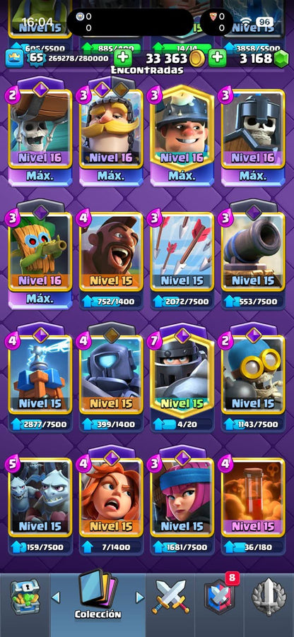 533 CLASH! MINI GRIAL! 11,763 COPAS! LIGA 3 COMPETITIVA! 5 CARTAS AL 16 MAX! 18 CARTAS AL 15! 33 CARTAS AL 14! 1 HÉROE! 22 CARTAS EVOLUTIVAS! 121 EMOTES MUY BUENOS! 9 TORRES! INSIGNIA DE 6 AÑOS! (1899mx @everyone