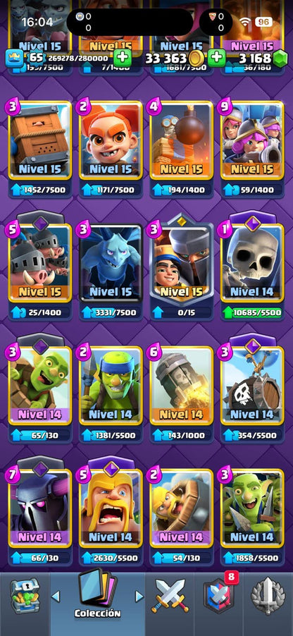 533 CLASH! MINI GRIAL! 11,763 COPAS! LIGA 3 COMPETITIVA! 5 CARTAS AL 16 MAX! 18 CARTAS AL 15! 33 CARTAS AL 14! 1 HÉROE! 22 CARTAS EVOLUTIVAS! 121 EMOTES MUY BUENOS! 9 TORRES! INSIGNIA DE 6 AÑOS! (1899mx @everyone