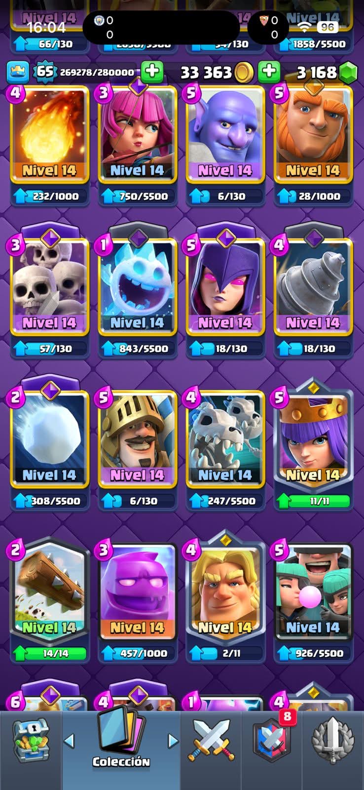 533 CLASH! MINI GRIAL! 11,763 COPAS! LIGA 3 COMPETITIVA! 5 CARTAS AL 16 MAX! 18 CARTAS AL 15! 33 CARTAS AL 14! 1 HÉROE! 22 CARTAS EVOLUTIVAS! 121 EMOTES MUY BUENOS! 9 TORRES! INSIGNIA DE 6 AÑOS! (1899mx @everyone
