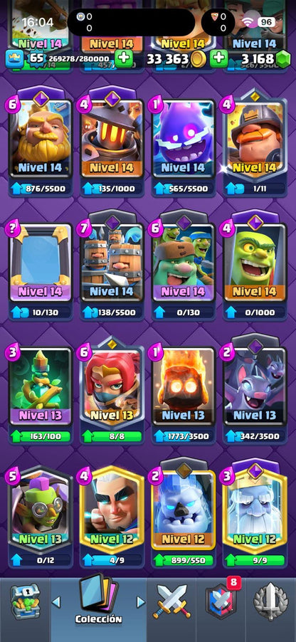 533 CLASH! MINI GRIAL! 11,763 COPAS! LIGA 3 COMPETITIVA! 5 CARTAS AL 16 MAX! 18 CARTAS AL 15! 33 CARTAS AL 14! 1 HÉROE! 22 CARTAS EVOLUTIVAS! 121 EMOTES MUY BUENOS! 9 TORRES! INSIGNIA DE 6 AÑOS! (1899mx @everyone