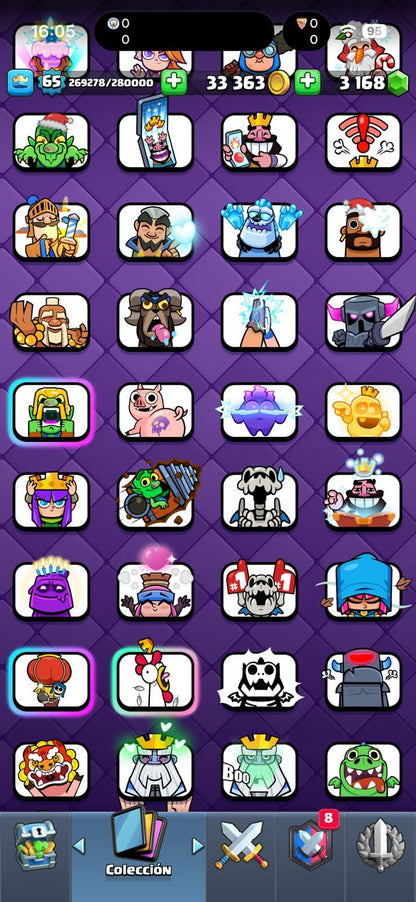 533 CLASH! MINI GRIAL! 11,763 COPAS! LIGA 3 COMPETITIVA! 5 CARTAS AL 16 MAX! 18 CARTAS AL 15! 33 CARTAS AL 14! 1 HÉROE! 22 CARTAS EVOLUTIVAS! 121 EMOTES MUY BUENOS! 9 TORRES! INSIGNIA DE 6 AÑOS! (1899mx @everyone
