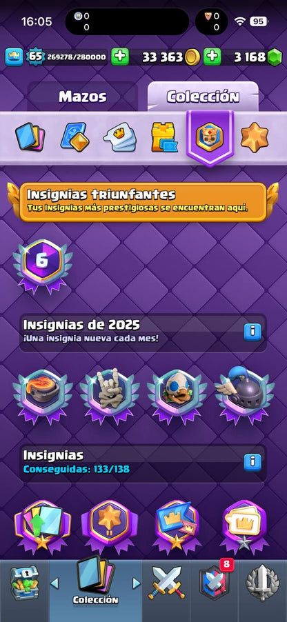 533 CLASH! MINI GRIAL! 11,763 COPAS! LIGA 3 COMPETITIVA! 5 CARTAS AL 16 MAX! 18 CARTAS AL 15! 33 CARTAS AL 14! 1 HÉROE! 22 CARTAS EVOLUTIVAS! 121 EMOTES MUY BUENOS! 9 TORRES! INSIGNIA DE 6 AÑOS! (1899mx @everyone