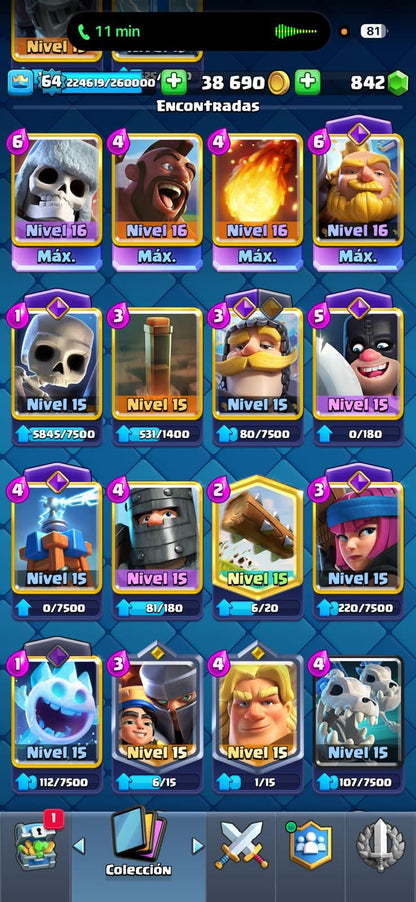 534 CLASH! MINI GRIAL! 10,502 COPAS! 4 CARTAS AL 16 MAX! 13 CARTAS AL 15! 51 CARTAS AL 14! 1 HÉROE! 15 CARTAS EVOLUTIVAS! 142 EMOTES MUY EXCLUSIVOS Y PEDIDOS! 15 TORRES! INSIGNIA OG DE 9 AÑOS! (1499mx @everyone