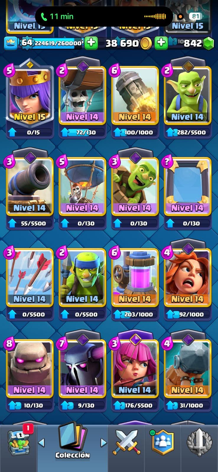 534 CLASH! MINI GRIAL! 10,502 COPAS! 4 CARTAS AL 16 MAX! 13 CARTAS AL 15! 51 CARTAS AL 14! 1 HÉROE! 15 CARTAS EVOLUTIVAS! 142 EMOTES MUY EXCLUSIVOS Y PEDIDOS! 15 TORRES! INSIGNIA OG DE 9 AÑOS! (1499mx @everyone