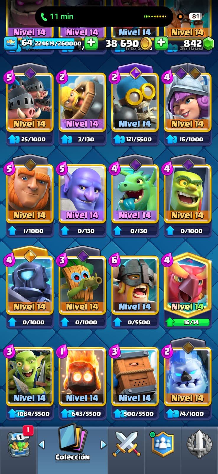 534 CLASH! MINI GRIAL! 10,502 COPAS! 4 CARTAS AL 16 MAX! 13 CARTAS AL 15! 51 CARTAS AL 14! 1 HÉROE! 15 CARTAS EVOLUTIVAS! 142 EMOTES MUY EXCLUSIVOS Y PEDIDOS! 15 TORRES! INSIGNIA OG DE 9 AÑOS! (1499mx @everyone