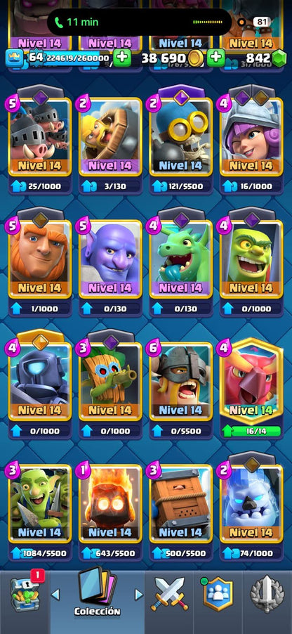 534 CLASH! MINI GRIAL! 10,502 COPAS! 4 CARTAS AL 16 MAX! 13 CARTAS AL 15! 51 CARTAS AL 14! 1 HÉROE! 15 CARTAS EVOLUTIVAS! 142 EMOTES MUY EXCLUSIVOS Y PEDIDOS! 15 TORRES! INSIGNIA OG DE 9 AÑOS! (1499mx @everyone