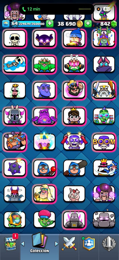 534 CLASH! MINI GRIAL! 10,502 COPAS! 4 CARTAS AL 16 MAX! 13 CARTAS AL 15! 51 CARTAS AL 14! 1 HÉROE! 15 CARTAS EVOLUTIVAS! 142 EMOTES MUY EXCLUSIVOS Y PEDIDOS! 15 TORRES! INSIGNIA OG DE 9 AÑOS! (1499mx @everyone