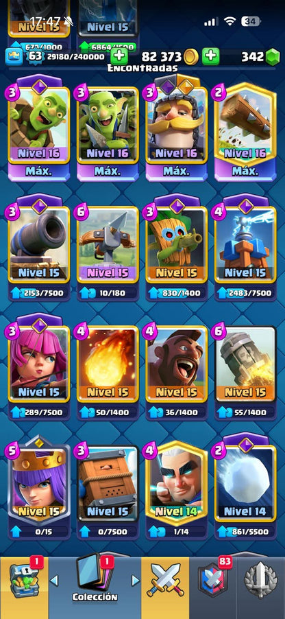 539 CLASH! 10,938 COPAS! 4 CARTAS AL 16 MAX! 10 CARTAS AL 15! 19 CARTAS AL 14! 1 HÉROE! 17 CARTAS EVOLUTIVAS! 91 EMOTES MUY BUENOS! 8 TORRES! INSIGNIA OG DE 7 AÑOS! (1199mx @everyone