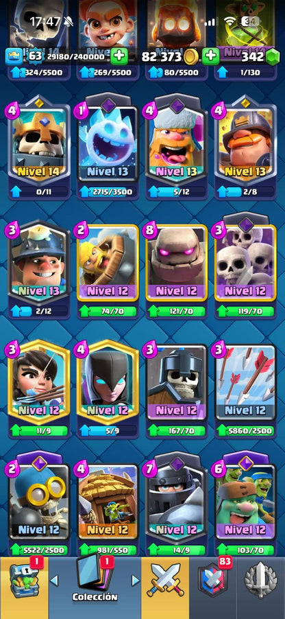 539 CLASH! 10,938 COPAS! 4 CARTAS AL 16 MAX! 10 CARTAS AL 15! 19 CARTAS AL 14! 1 HÉROE! 17 CARTAS EVOLUTIVAS! 91 EMOTES MUY BUENOS! 8 TORRES! INSIGNIA OG DE 7 AÑOS! (1199mx @everyone