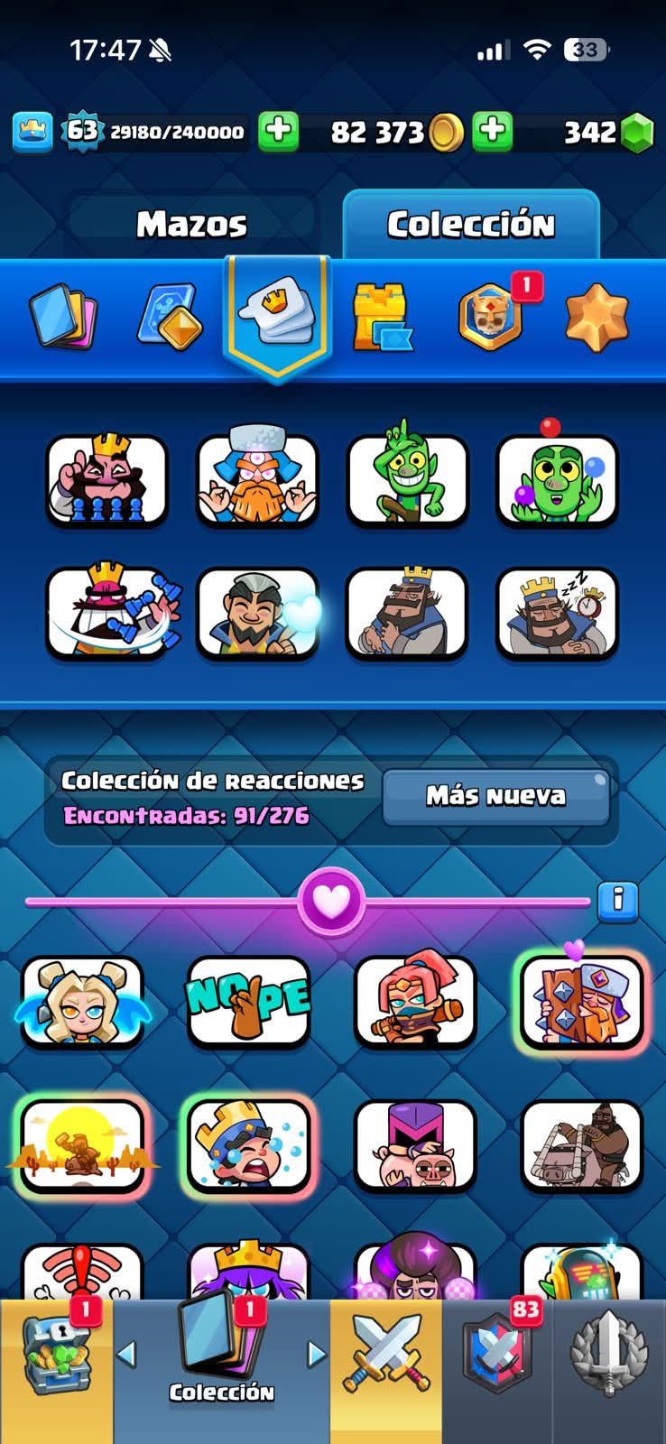 539 CLASH! 10,938 COPAS! 4 CARTAS AL 16 MAX! 10 CARTAS AL 15! 19 CARTAS AL 14! 1 HÉROE! 17 CARTAS EVOLUTIVAS! 91 EMOTES MUY BUENOS! 8 TORRES! INSIGNIA OG DE 7 AÑOS! (1199mx @everyone