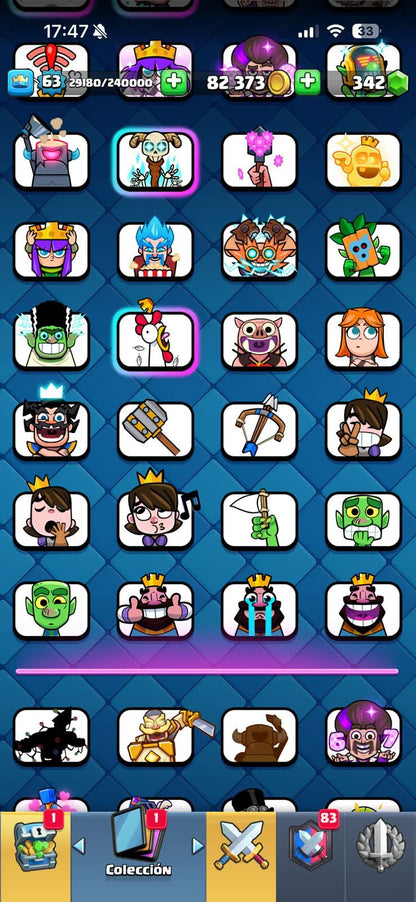 539 CLASH! 10,938 COPAS! 4 CARTAS AL 16 MAX! 10 CARTAS AL 15! 19 CARTAS AL 14! 1 HÉROE! 17 CARTAS EVOLUTIVAS! 91 EMOTES MUY BUENOS! 8 TORRES! INSIGNIA OG DE 7 AÑOS! (1199mx @everyone