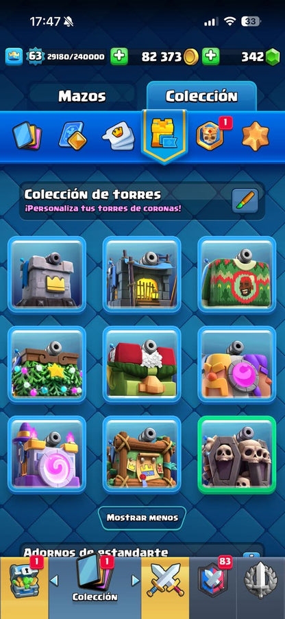 539 CLASH! 10,938 COPAS! 4 CARTAS AL 16 MAX! 10 CARTAS AL 15! 19 CARTAS AL 14! 1 HÉROE! 17 CARTAS EVOLUTIVAS! 91 EMOTES MUY BUENOS! 8 TORRES! INSIGNIA OG DE 7 AÑOS! (1199mx @everyone