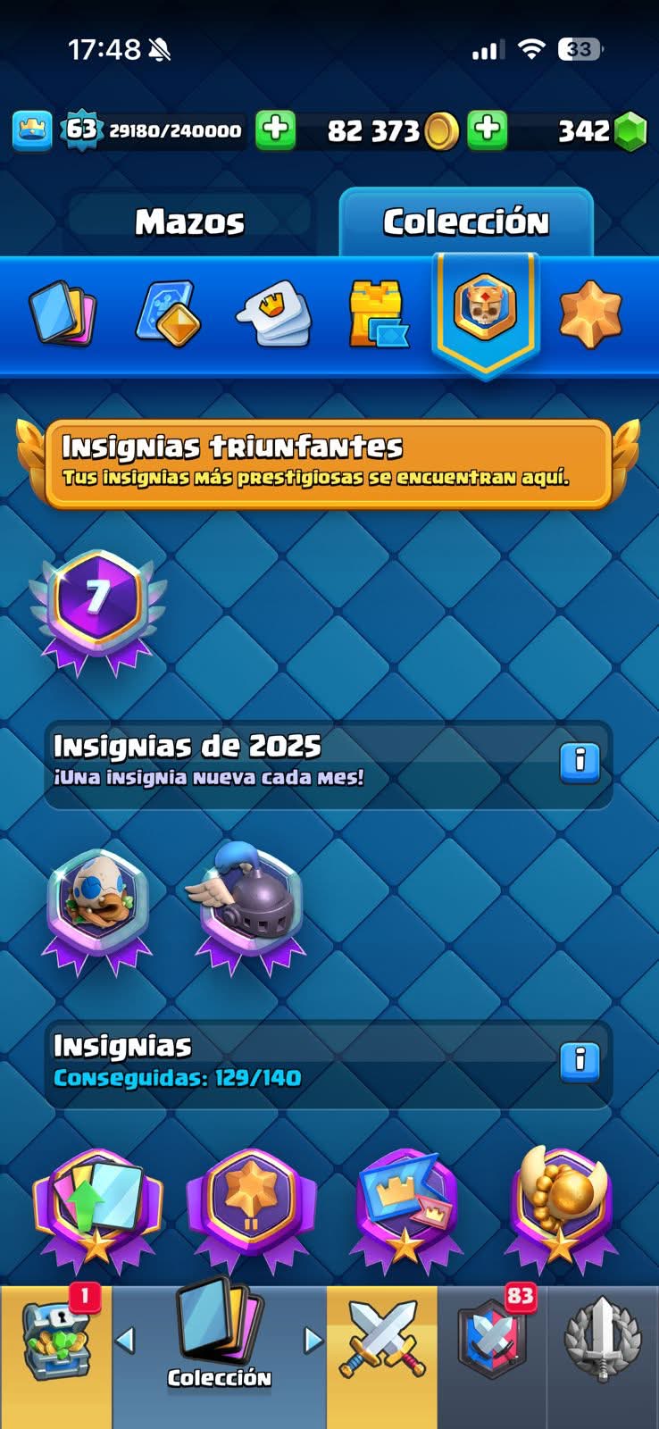 539 CLASH! 10,938 COPAS! 4 CARTAS AL 16 MAX! 10 CARTAS AL 15! 19 CARTAS AL 14! 1 HÉROE! 17 CARTAS EVOLUTIVAS! 91 EMOTES MUY BUENOS! 8 TORRES! INSIGNIA OG DE 7 AÑOS! (1199mx @everyone