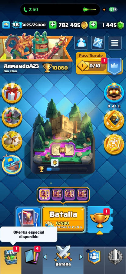 542 CLASH! 10,060 COPAS! 2 CARTAS AL 15! 18 CARTAS AL 14! 1 HÉROE! 6 CARTAS EVOLUTIVAS! 61 EMOTES MUY PEDIDOS! 7 TORRES! INSIGNIA DE 7 AÑOS! 1,445 GEMAS! 800K MONEDAS! (399mx @everyone