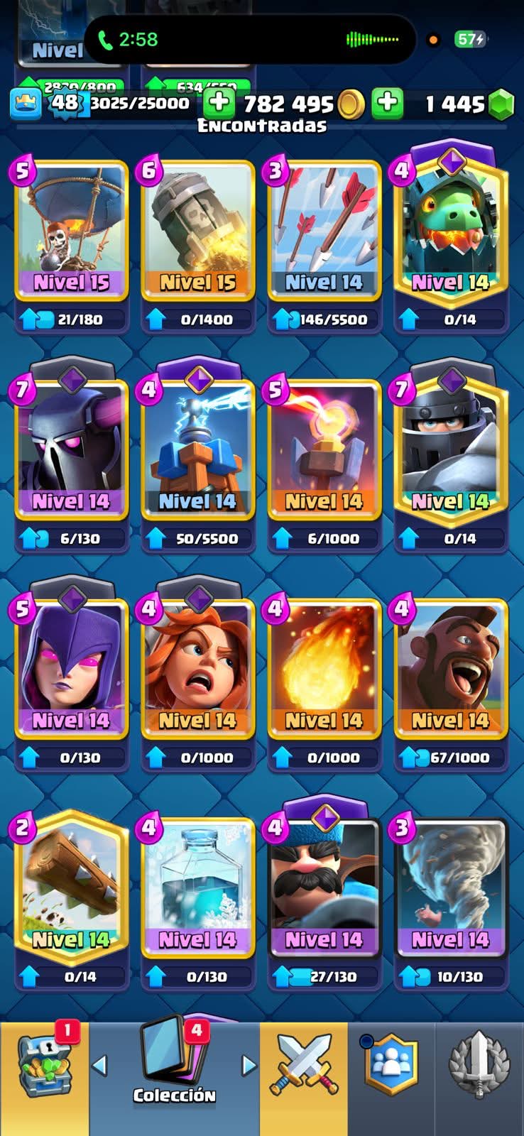 542 CLASH! 10,060 COPAS! 2 CARTAS AL 15! 18 CARTAS AL 14! 1 HÉROE! 6 CARTAS EVOLUTIVAS! 61 EMOTES MUY PEDIDOS! 7 TORRES! INSIGNIA DE 7 AÑOS! 1,445 GEMAS! 800K MONEDAS! (399mx @everyone