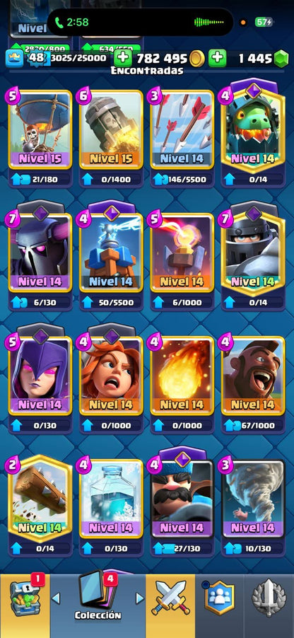 542 CLASH! 10,060 COPAS! 2 CARTAS AL 15! 18 CARTAS AL 14! 1 HÉROE! 6 CARTAS EVOLUTIVAS! 61 EMOTES MUY PEDIDOS! 7 TORRES! INSIGNIA DE 7 AÑOS! 1,445 GEMAS! 800K MONEDAS! (399mx @everyone