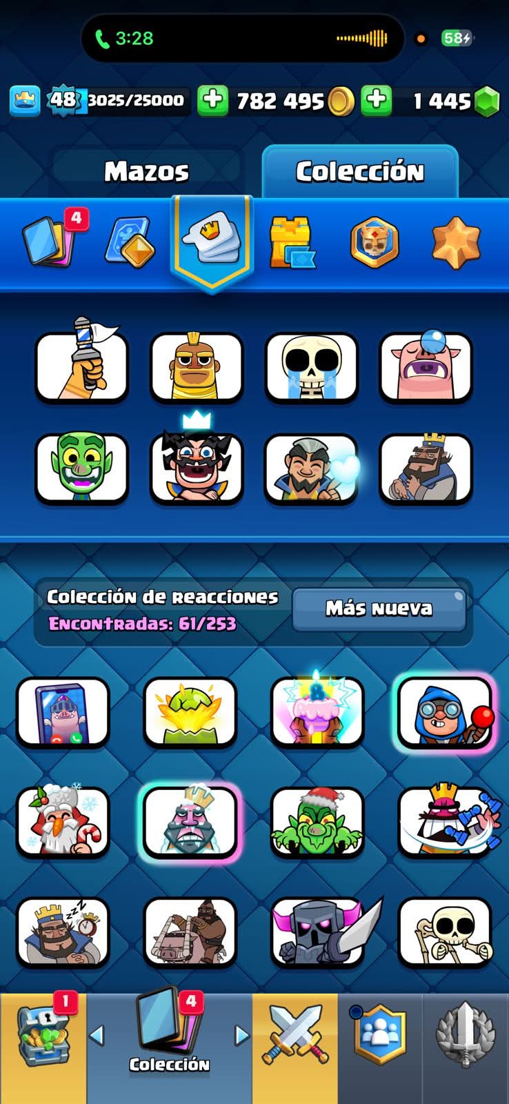 542 CLASH! 10,060 COPAS! 2 CARTAS AL 15! 18 CARTAS AL 14! 1 HÉROE! 6 CARTAS EVOLUTIVAS! 61 EMOTES MUY PEDIDOS! 7 TORRES! INSIGNIA DE 7 AÑOS! 1,445 GEMAS! 800K MONEDAS! (399mx @everyone