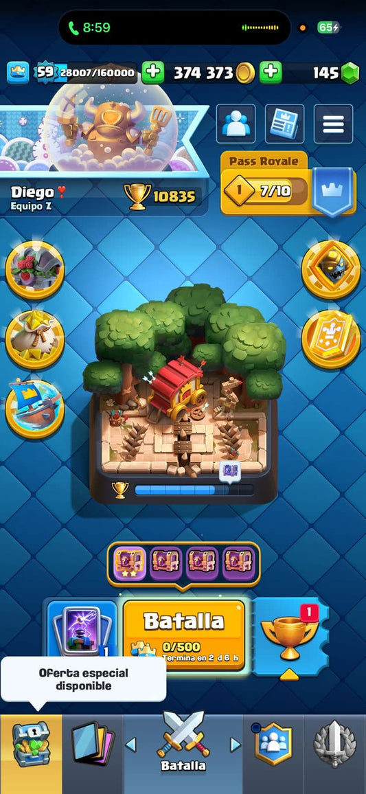 543 CLASH! 10,835 COPAS! 1 CARTA AL 16 MAX! 9 CARTAS AL 15! 25 CARTAS AL 14! 2 HÉROES! 11 CARTAS EVOLUTIVAS! 148 EMOTES MUY PEDIDOS Y EXCLUSIVOS! 4 TORRES! INSIGNIA DE 4 AÑOS! (999mx @everyone
