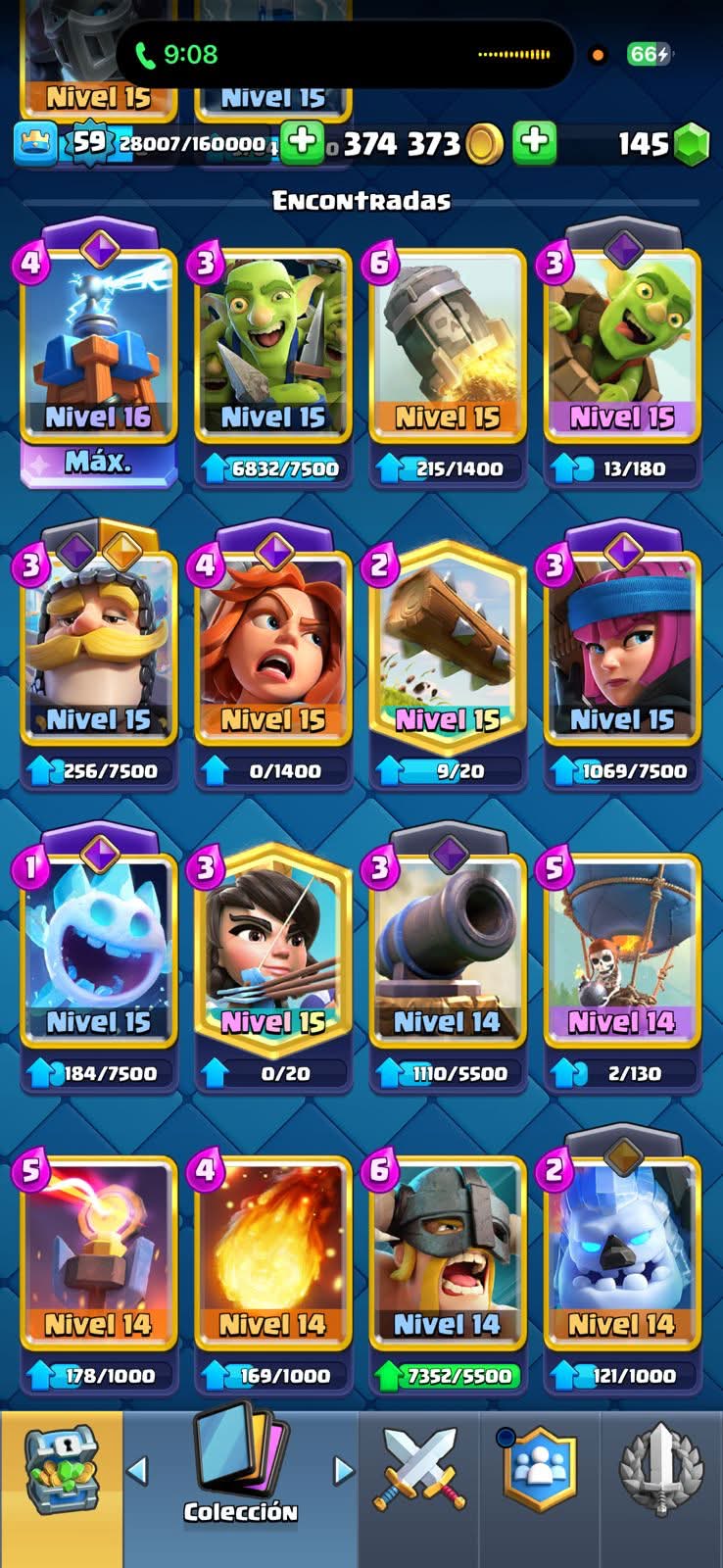543 CLASH! 10,835 COPAS! 1 CARTA AL 16 MAX! 9 CARTAS AL 15! 25 CARTAS AL 14! 2 HÉROES! 11 CARTAS EVOLUTIVAS! 148 EMOTES MUY PEDIDOS Y EXCLUSIVOS! 4 TORRES! INSIGNIA DE 4 AÑOS! (999mx @everyone