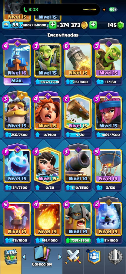 543 CLASH! 10,835 COPAS! 1 CARTA AL 16 MAX! 9 CARTAS AL 15! 25 CARTAS AL 14! 2 HÉROES! 11 CARTAS EVOLUTIVAS! 148 EMOTES MUY PEDIDOS Y EXCLUSIVOS! 4 TORRES! INSIGNIA DE 4 AÑOS! (999mx @everyone