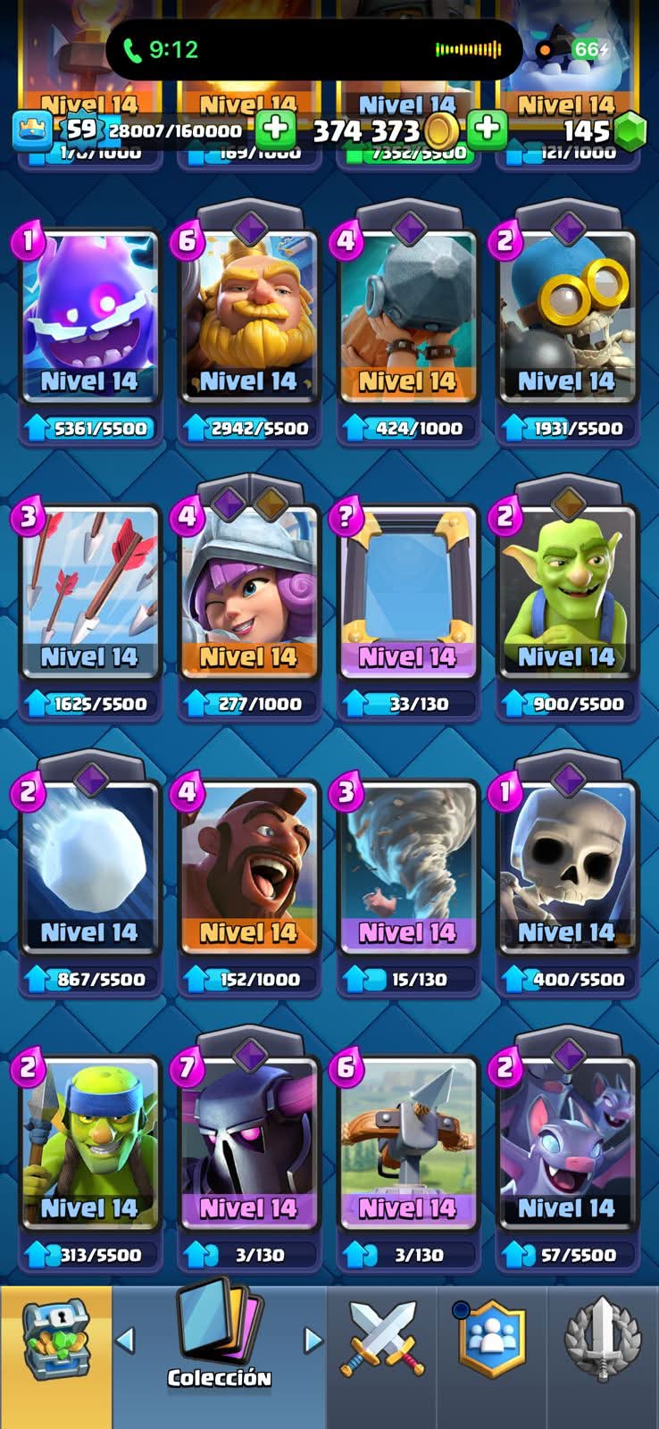 543 CLASH! 10,835 COPAS! 1 CARTA AL 16 MAX! 9 CARTAS AL 15! 25 CARTAS AL 14! 2 HÉROES! 11 CARTAS EVOLUTIVAS! 148 EMOTES MUY PEDIDOS Y EXCLUSIVOS! 4 TORRES! INSIGNIA DE 4 AÑOS! (999mx @everyone