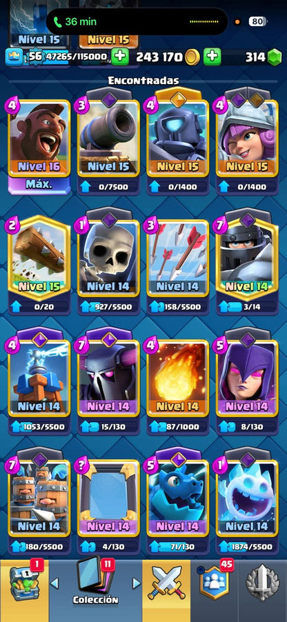 546 CLASH! CUENTA BIENA! 10,535 COPAS! 1 CARTA AL 16 MAX! 4 CARTAS AL 15! 16 CARTAS AL 14! 2 HÉROES! 5 CARTAS EVOLUTIVAS! 87 EMOTES BUENOS! 4 TORRES! INSIGNIA DE 7 AÑOS! EMOTE EXCLUSIVO! (799mx @everyone