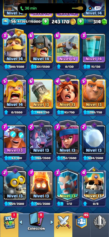 546 CLASH! CUENTA BIENA! 10,535 COPAS! 1 CARTA AL 16 MAX! 4 CARTAS AL 15! 16 CARTAS AL 14! 2 HÉROES! 5 CARTAS EVOLUTIVAS! 87 EMOTES BUENOS! 4 TORRES! INSIGNIA DE 7 AÑOS! EMOTE EXCLUSIVO! (799mx @everyone