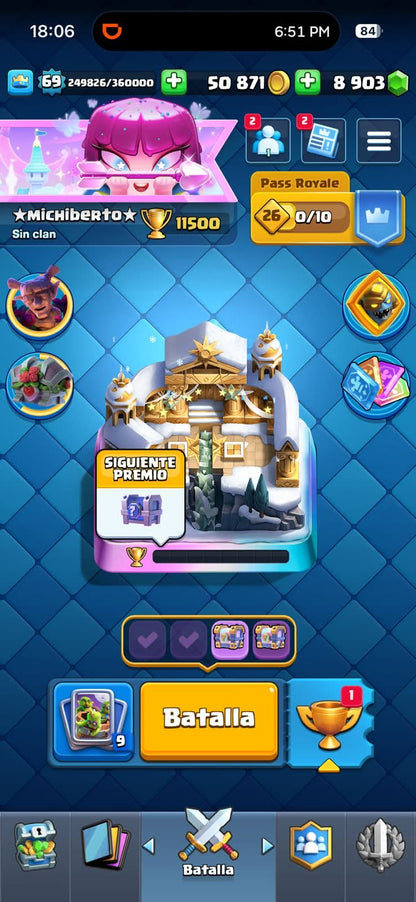 549 CLASH! MINI GRIAL! 11,500 COPAS! LIGA 1 COMPETITIVA! 12 CARTAS AL 16 MAX! 7 CARTAS AL 15! 20 CARTAS AL 14! 2 HÉROES! 19 CARTAS EVOLUTIVAS! 163 EMOTES MUY BUENOS! 19 TORRES! INSIGNIA DE 3 AÑOS! (1299mx @everyone