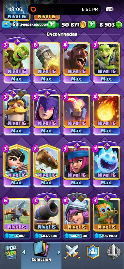 549 CLASH! MINI GRIAL! 11,500 COPAS! LIGA 1 COMPETITIVA! 12 CARTAS AL 16 MAX! 7 CARTAS AL 15! 20 CARTAS AL 14! 2 HÉROES! 19 CARTAS EVOLUTIVAS! 163 EMOTES MUY BUENOS! 19 TORRES! INSIGNIA DE 3 AÑOS! (1299mx @everyone