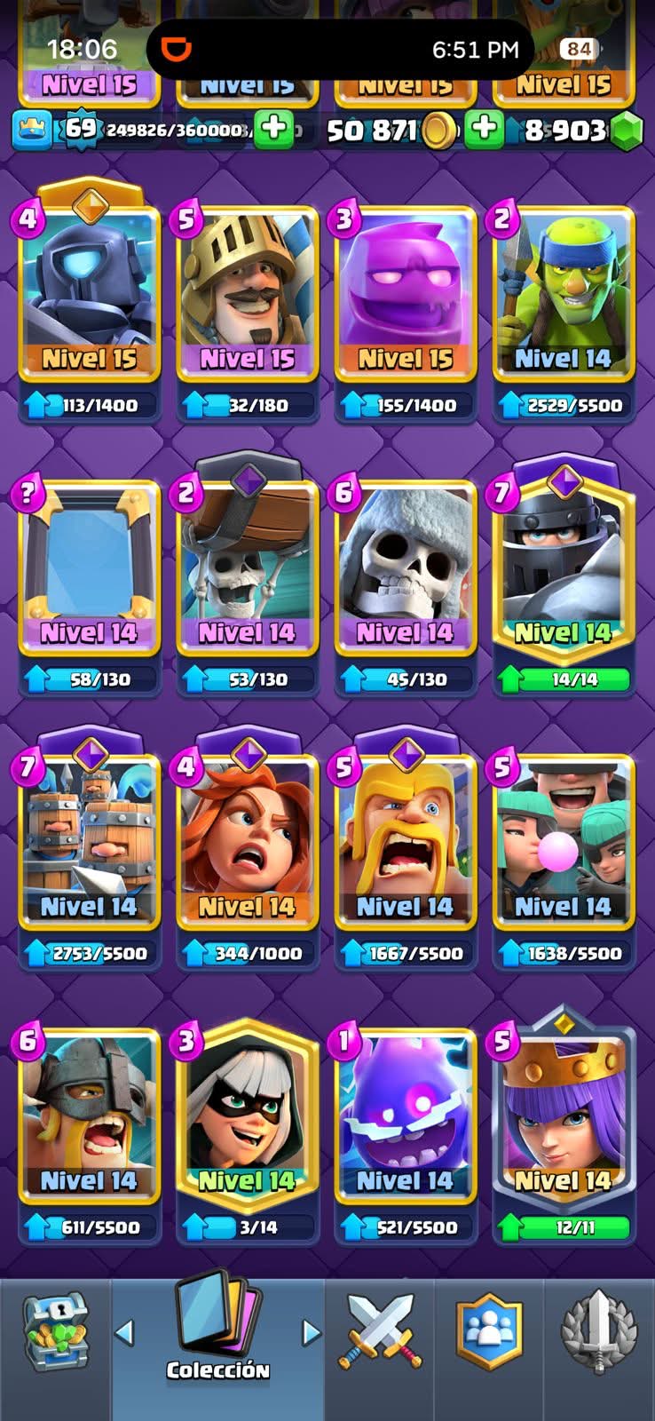 549 CLASH! MINI GRIAL! 11,500 COPAS! LIGA 1 COMPETITIVA! 12 CARTAS AL 16 MAX! 7 CARTAS AL 15! 20 CARTAS AL 14! 2 HÉROES! 19 CARTAS EVOLUTIVAS! 163 EMOTES MUY BUENOS! 19 TORRES! INSIGNIA DE 3 AÑOS! (1299mx @everyone