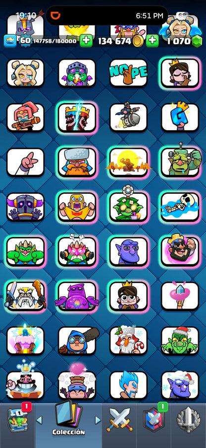 550 CLASH! 10,667 COPAS! 1 CARTA AL 16 MAX! 10 CARTAS AL 15! 25 CARTAS AL 14! 1 HÉROE! 20 CARTAS EVOLUTIVAS! 86 EMOTES MUY BUENOS! 10 TORRES! INSIGNIA OG DE 8 AÑOS! (899mx @everyone