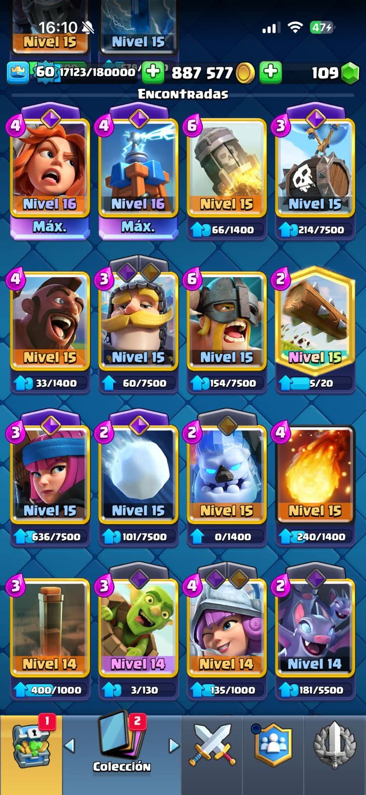 551 CLASH! 10,593 COPAS! 2 CARTAS AL 16 MAX! 10 CARTAS AL 15! 16 CARTAS AL 14! 1 HÉROE! 16 CARTAS EVOLUTIVAS! 69 EMOTES MUY EXCLUSIVOS Y PEDIDOS 800K EN MONEDAS! +BRAWL! 98/99 BRAWLERS! 44 BRAWLERS CON HYPERCARGA! 4 BRAWLERS AL MAX!(1499mx @everyone
