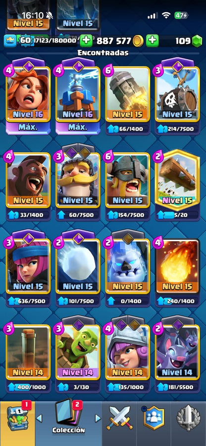 103 BRAWL! GRIAL! 57,648 COPAS! 98/99 BRAWLERS! 44 BRAWLERS CON HYPERCARGA! 4 BRAWLERS AL MAX! 6,776 PUNTOS ESTELARES! VARIEDAD DE SKINS EXCLUSIVAS! 
+ 551 CLASH! 10,593 COPAS! 2 CARTAS AL 16 MAX! 10 CARTAS AL 15! 16 CARTAS AL 14! 1 HÉROE! 16 CARTAS...