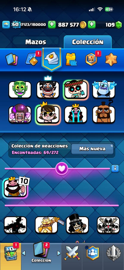 551 CLASH! 10,593 COPAS! 2 CARTAS AL 16 MAX! 10 CARTAS AL 15! 16 CARTAS AL 14! 1 HÉROE! 16 CARTAS EVOLUTIVAS! 69 EMOTES MUY EXCLUSIVOS Y PEDIDOS 800K EN MONEDAS! +BRAWL! 98/99 BRAWLERS! 44 BRAWLERS CON HYPERCARGA! 4 BRAWLERS AL MAX!(1499mx @everyone
