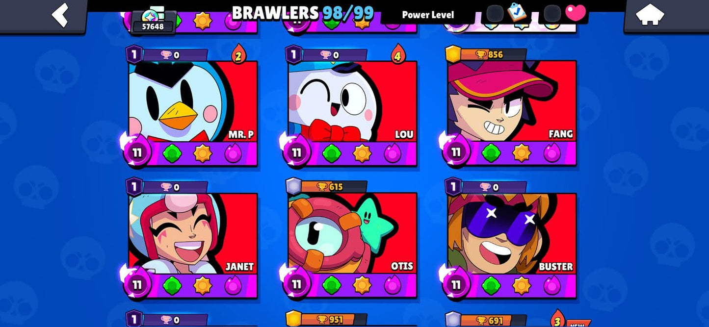103 BRAWL! GRIAL! 57,648 COPAS! 98/99 BRAWLERS! 44 BRAWLERS CON HYPERCARGA! 4 BRAWLERS AL MAX! 6,776 PUNTOS ESTELARES! VARIEDAD DE SKINS EXCLUSIVAS! 
+ 551 CLASH! 10,593 COPAS! 2 CARTAS AL 16 MAX! 10 CARTAS AL 15! 16 CARTAS AL 14! 1 HÉROE! 16 CARTAS...