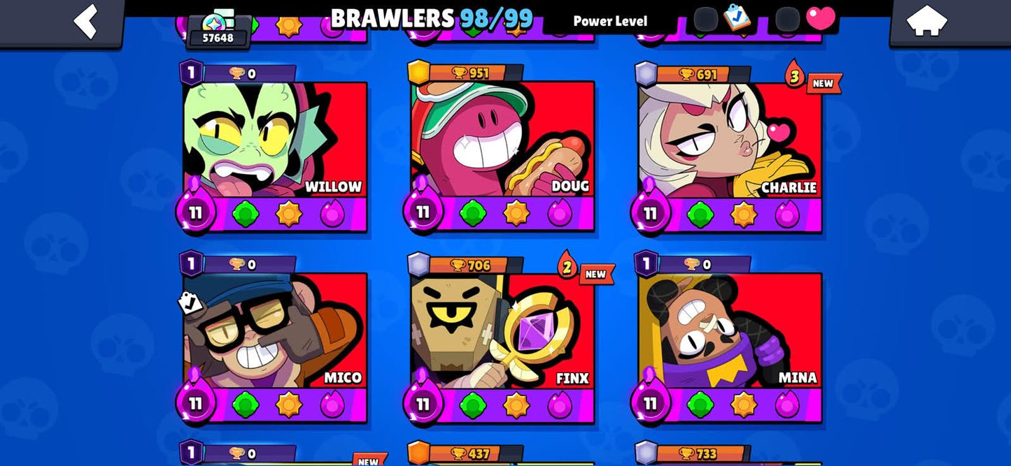 103 BRAWL! GRIAL! 57,648 COPAS! 98/99 BRAWLERS! 44 BRAWLERS CON HYPERCARGA! 4 BRAWLERS AL MAX! 6,776 PUNTOS ESTELARES! VARIEDAD DE SKINS EXCLUSIVAS! 
+ 551 CLASH! 10,593 COPAS! 2 CARTAS AL 16 MAX! 10 CARTAS AL 15! 16 CARTAS AL 14! 1 HÉROE! 16 CARTAS...