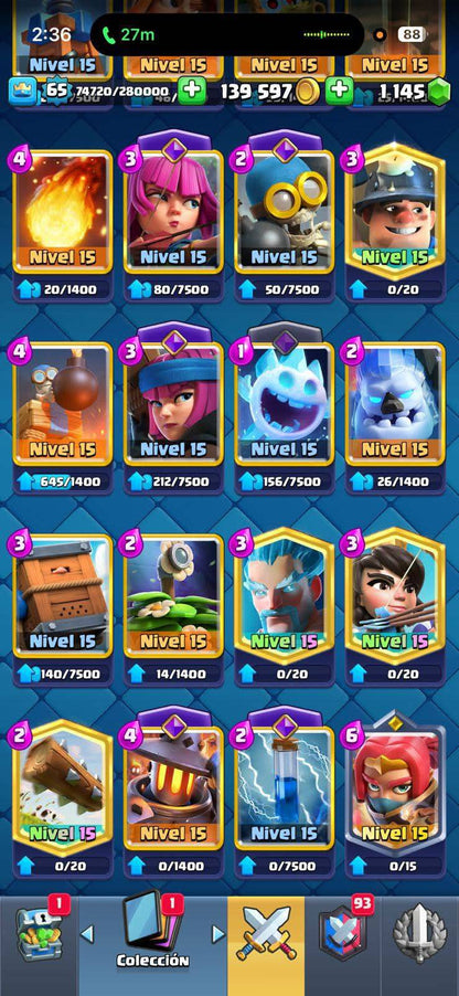 395 CLASH! GRIAL BUENO! 10,427 COPAS! 32 CARTAS AL 15! 64 CARTAS AL 14! 1 HÉROE! 18 CARTAS EVOLUTIVAS! 140 EMOTES MUY PEDIDOS! 12 TORRES! INSIGNIA DE 5 AÑOS! (2499mx) @everyone