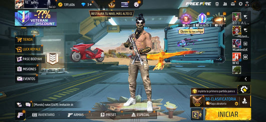 342 FREE FIRE!! CUENTA MIXTA CON 3 EVOS A BUEN NIVEL Y BUENAS ARMAS DE INCUBADORA! 281 PECHOS! TRAJE DE INCUBADORA Y CUBOS! CASA DE PAPEL! CUELLO DE TORTUGA! PLAYERAS DE FUTBOL! CR7 JORDANS! PERFECTA PARA COMBINAR CON TODO! REGIÓN: EEUU (1099mx...