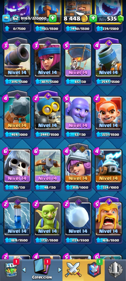 489 CLASH! CUENTA CON 11003 COPAS! 4 CARTAS AL 16! 7 CARTAS AL NIVEL 15! 53 CARTAS AL NIVEL 14! 17 CARTAS CON EVOLUTIVAS! 1 CARTA HÉROE DESBLOQUEADA! 107 EMOTES DE LOS MAS PEDIDOS! 8 TORRES! INSIGNIA DE 9 AÑOTES!!! (1299 MX) @everyone