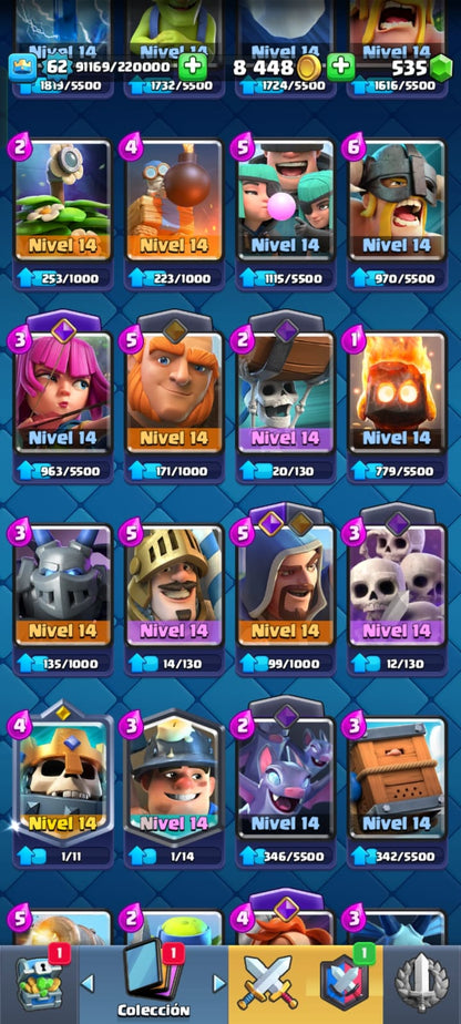 489 CLASH! CUENTA CON 11003 COPAS! 4 CARTAS AL 16! 7 CARTAS AL NIVEL 15! 53 CARTAS AL NIVEL 14! 17 CARTAS CON EVOLUTIVAS! 1 CARTA HÉROE DESBLOQUEADA! 107 EMOTES DE LOS MAS PEDIDOS! 8 TORRES! INSIGNIA DE 9 AÑOTES!!! (1299 MX) @everyone