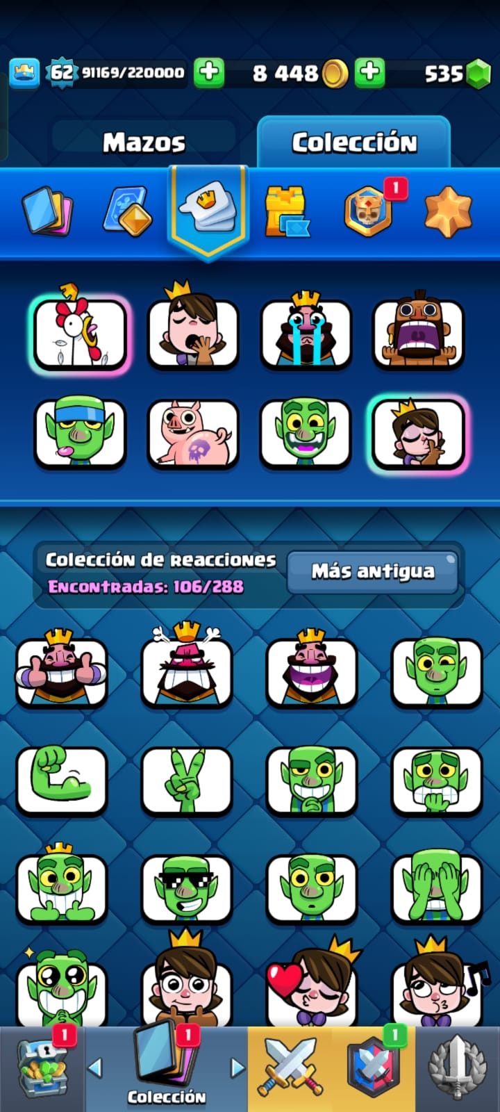 489 CLASH! CUENTA CON 11003 COPAS! 4 CARTAS AL 16! 7 CARTAS AL NIVEL 15! 53 CARTAS AL NIVEL 14! 17 CARTAS CON EVOLUTIVAS! 1 CARTA HÉROE DESBLOQUEADA! 107 EMOTES DE LOS MAS PEDIDOS! 8 TORRES! INSIGNIA DE 9 AÑOTES!!! (1299 MX) @everyone