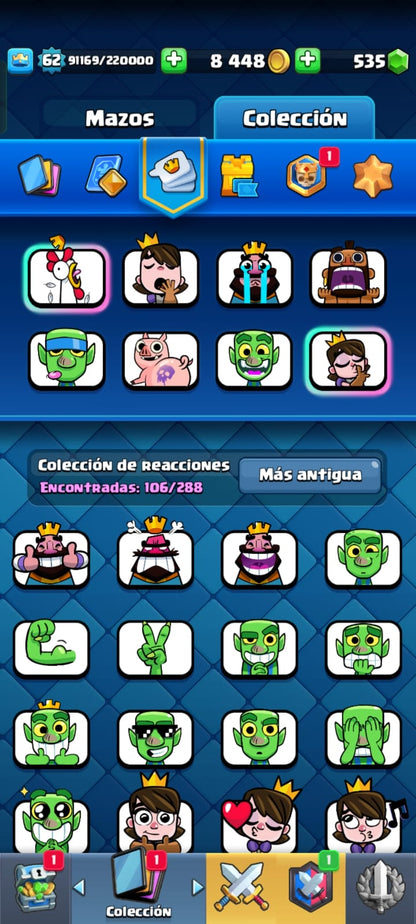 489 CLASH! CUENTA CON 11003 COPAS! 4 CARTAS AL 16! 7 CARTAS AL NIVEL 15! 53 CARTAS AL NIVEL 14! 17 CARTAS CON EVOLUTIVAS! 1 CARTA HÉROE DESBLOQUEADA! 107 EMOTES DE LOS MAS PEDIDOS! 8 TORRES! INSIGNIA DE 9 AÑOTES!!! (1299 MX) @everyone