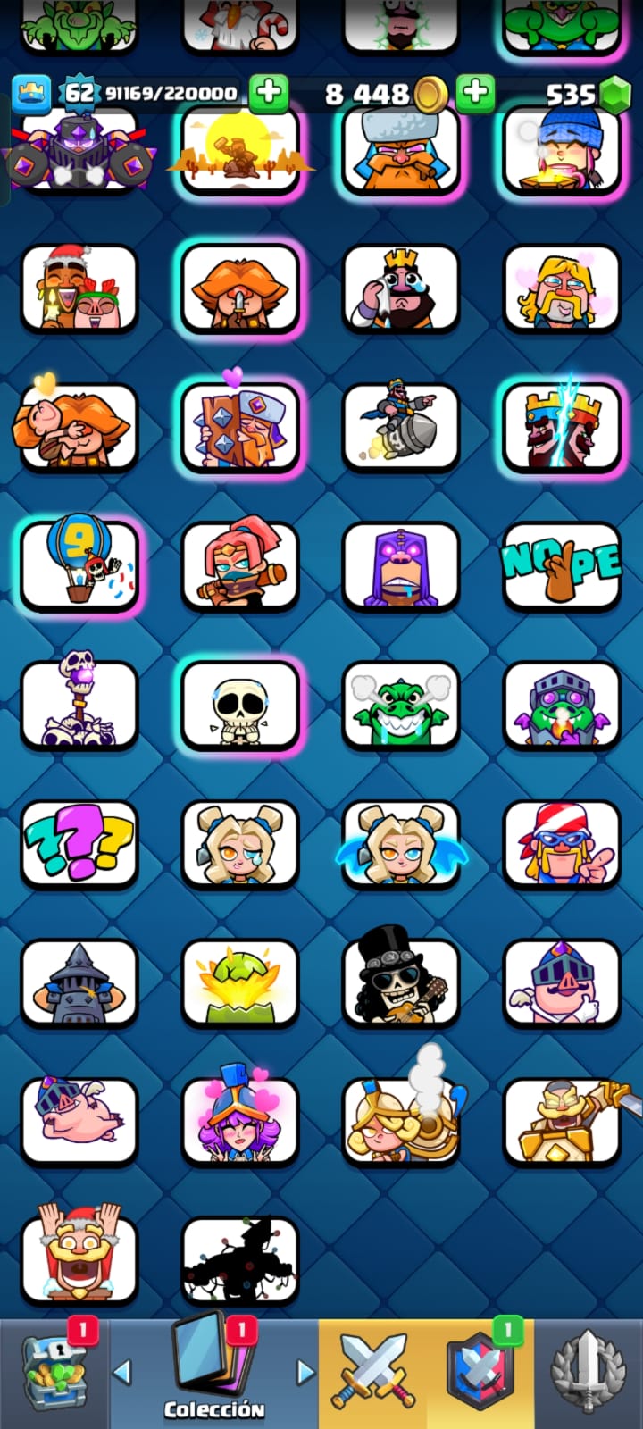 489 CLASH! CUENTA CON 11003 COPAS! 4 CARTAS AL 16! 7 CARTAS AL NIVEL 15! 53 CARTAS AL NIVEL 14! 17 CARTAS CON EVOLUTIVAS! 1 CARTA HÉROE DESBLOQUEADA! 107 EMOTES DE LOS MAS PEDIDOS! 8 TORRES! INSIGNIA DE 9 AÑOTES!!! (1299 MX) @everyone