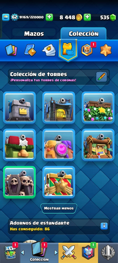 489 CLASH! CUENTA CON 11003 COPAS! 4 CARTAS AL 16! 7 CARTAS AL NIVEL 15! 53 CARTAS AL NIVEL 14! 17 CARTAS CON EVOLUTIVAS! 1 CARTA HÉROE DESBLOQUEADA! 107 EMOTES DE LOS MAS PEDIDOS! 8 TORRES! INSIGNIA DE 9 AÑOTES!!! (1299 MX) @everyone