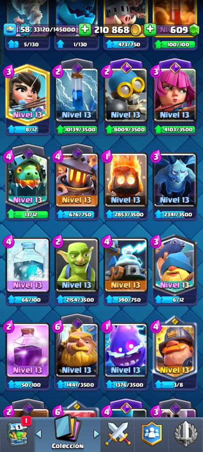 490 CLASH! CUENTA CON 10560 COPAS! 1 CARTA AL NIVEL 16! 10 CARTAS AL NIVEL 15! 17 CARTAS AL NIVEL 14! 2 CARTAS HÉROES DESBLOQUEADAS Y 12 CARTAS EVOLUTIVAS ADQUIRIDAS! 103 EMOTEEES! 10 TORRES! INSIGNIA DE 7 AÑOTES!  (799 MX) @everyone