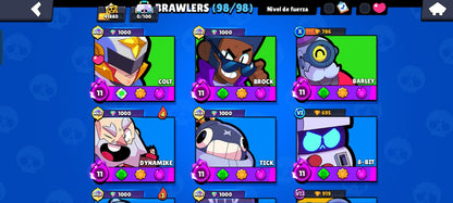 82 BRAWL! CUENTA CON 41880 COPAS! 34 BRAWLERS CON HIPERCARGA! 3 BRAWLERS CON FUERZA MÁXIMA! 9 BRAWLERS CON ASPECTO LEGENDARIO DESBLOQUEADOS! 4 BRAWLERS CON ASPECTO DE HIPERCARGA ADQUIRIDOS! 98/98 BRAWLERS DESBLOQUEADOS! Y MUCHÍSIMOS GADGETS Y...