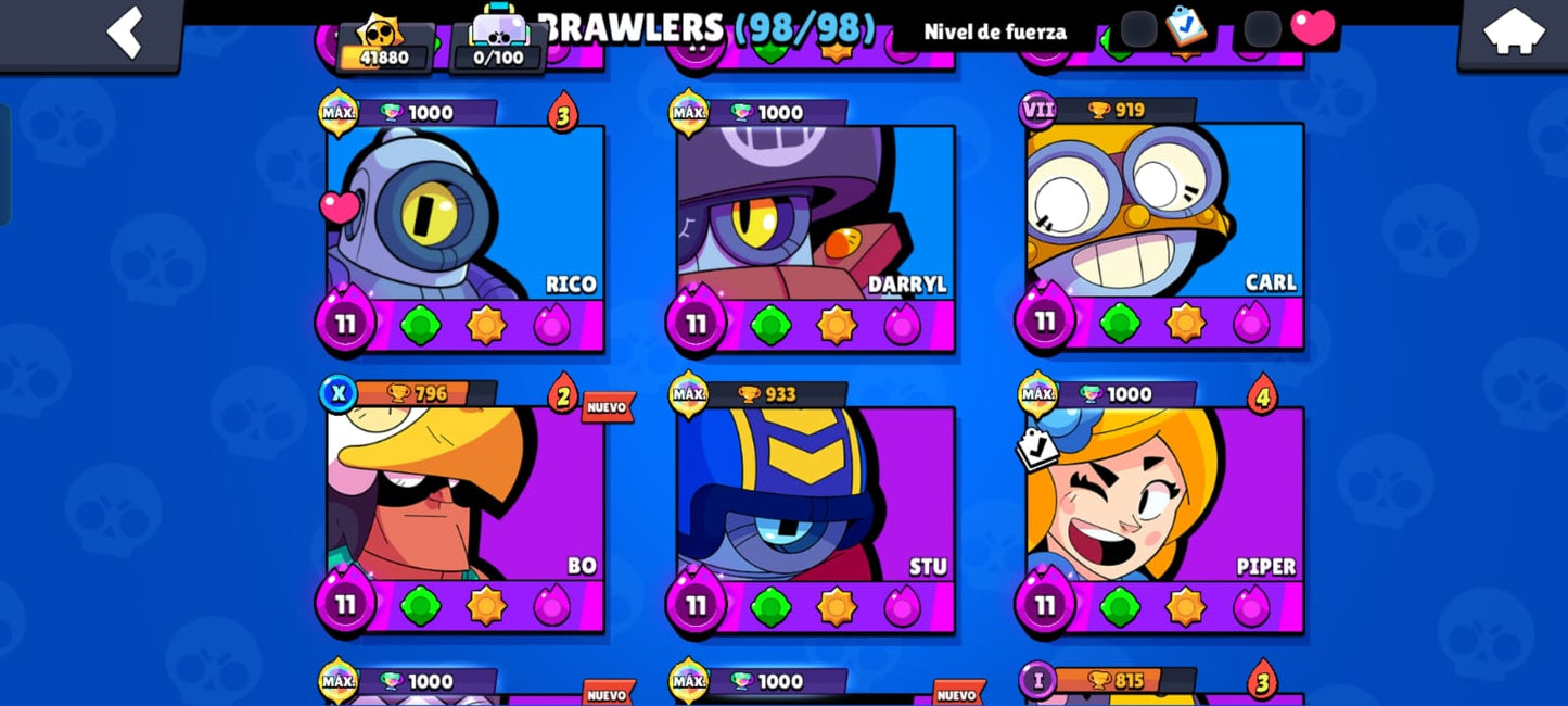 82 BRAWL! CUENTA CON 41880 COPAS! 34 BRAWLERS CON HIPERCARGA! 3 BRAWLERS CON FUERZA MÁXIMA! 9 BRAWLERS CON ASPECTO LEGENDARIO DESBLOQUEADOS! 4 BRAWLERS CON ASPECTO DE HIPERCARGA ADQUIRIDOS! 98/98 BRAWLERS DESBLOQUEADOS! Y MUCHÍSIMOS GADGETS Y...